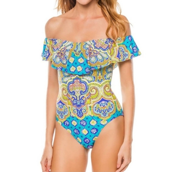 Trina Turk Blue and Yellow Paisley One Piece Swimsuit - Picture 1 of 7